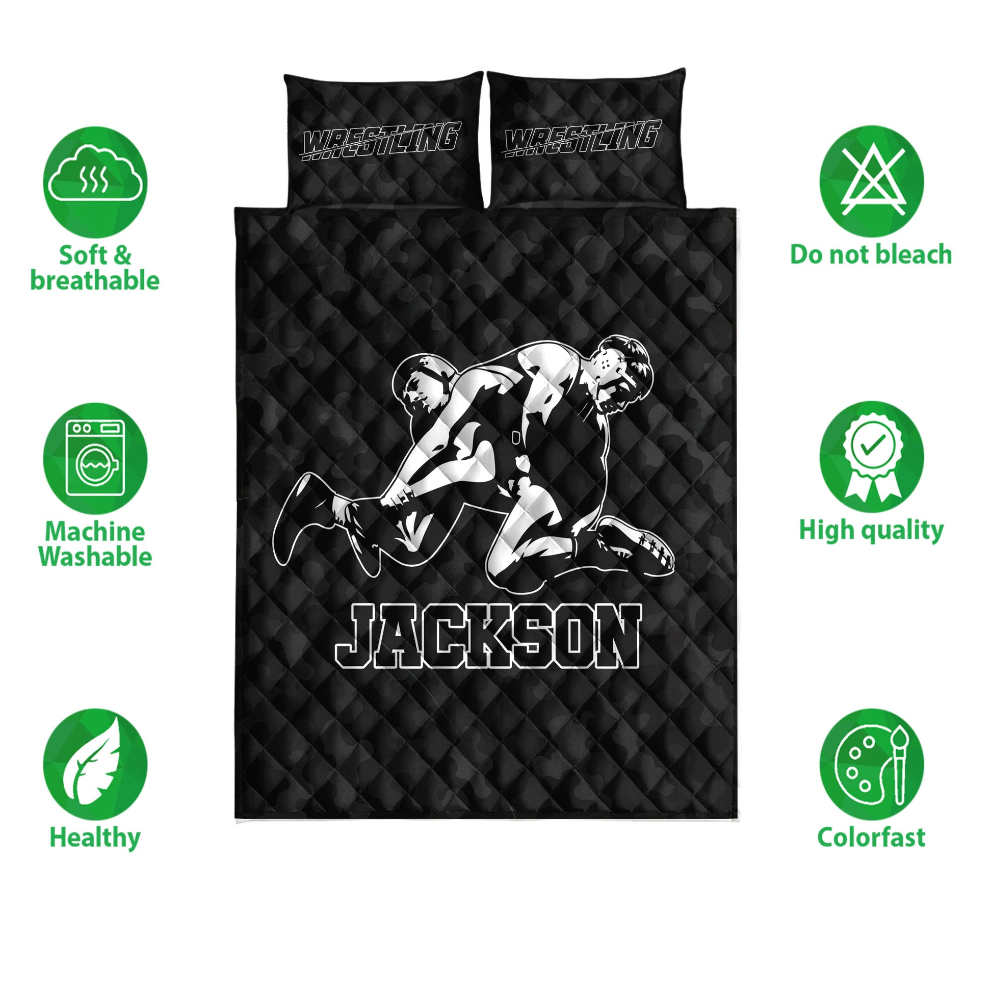 Wrestling quilt bedding set with grappling athlete artwork and black camouflage-inspired background