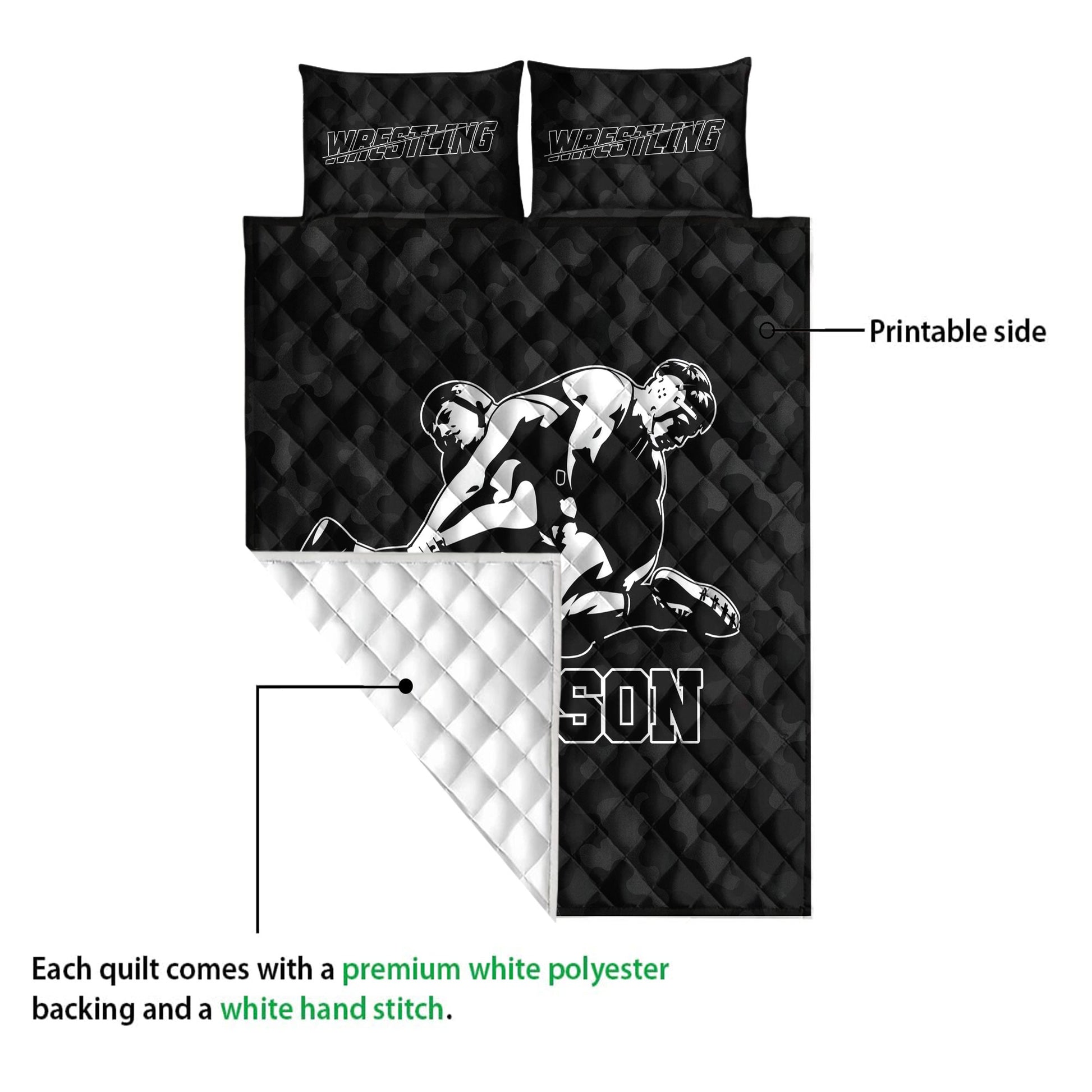 Wrestling quilt showing the printed front and soft white backing with close-up construction detail