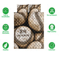 Baseball quilt bedding set displayed with soft breathable and care feature icons around the artwork