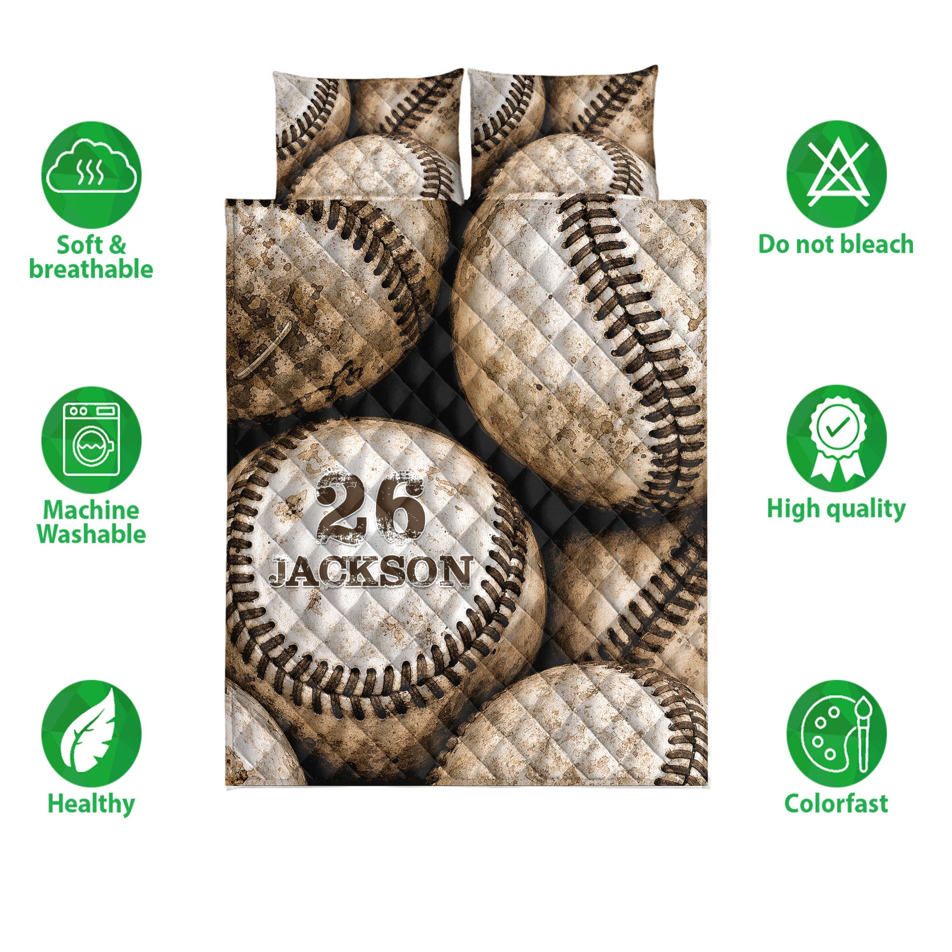Baseball quilt bedding set displayed with soft breathable and care feature icons around the artwork