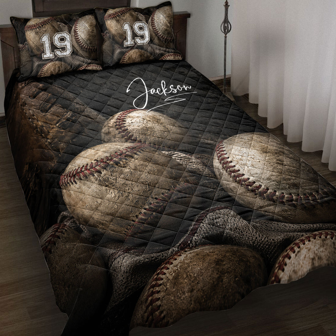 Baseball quilt blanket displayed on a bed with vintage baseballs, glove artwork, and dark rustic sports styling