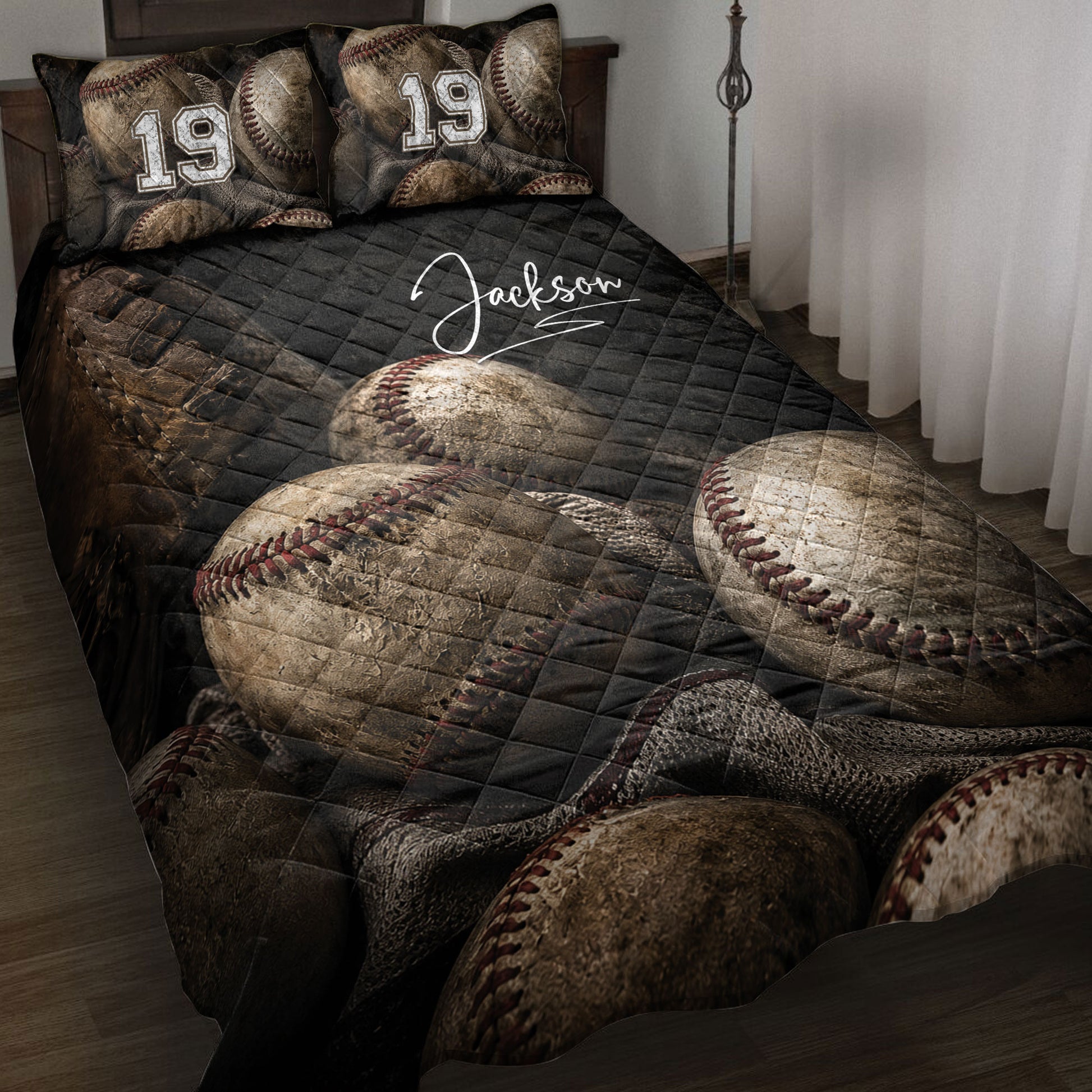 Baseball quilt blanket displayed on a bed with vintage baseballs, glove artwork, and dark rustic sports styling