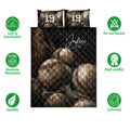 Baseball quilt blanket shown in a full bedding display with vintage baseball artwork and product feature icons