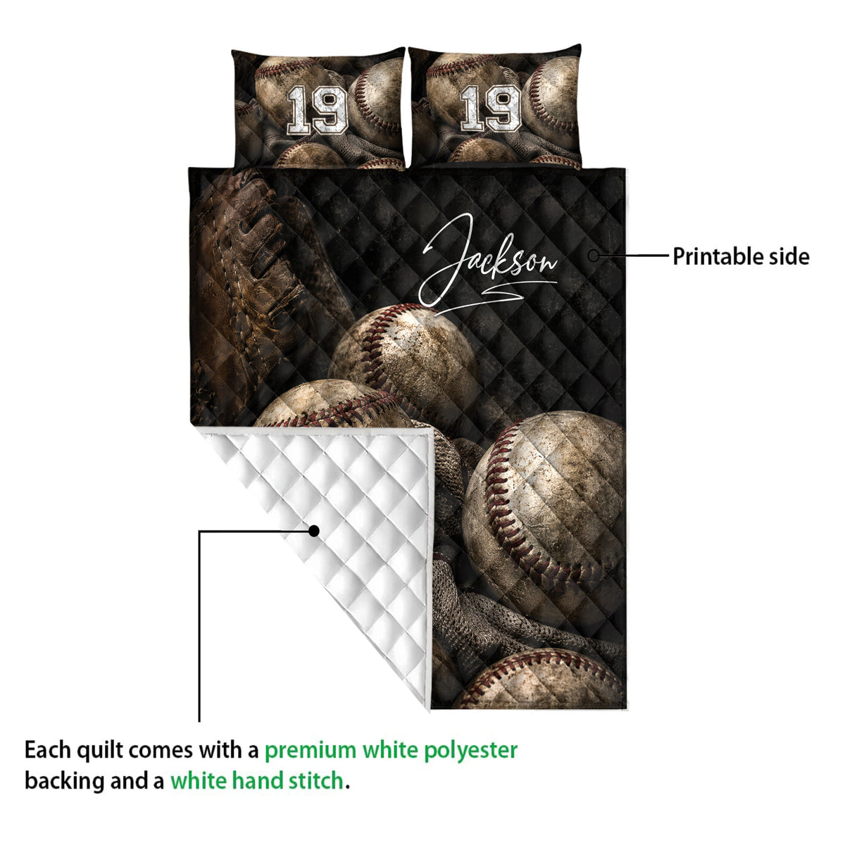 Baseball quilt blanket showing the printed front and white quilted reverse in a construction detail view