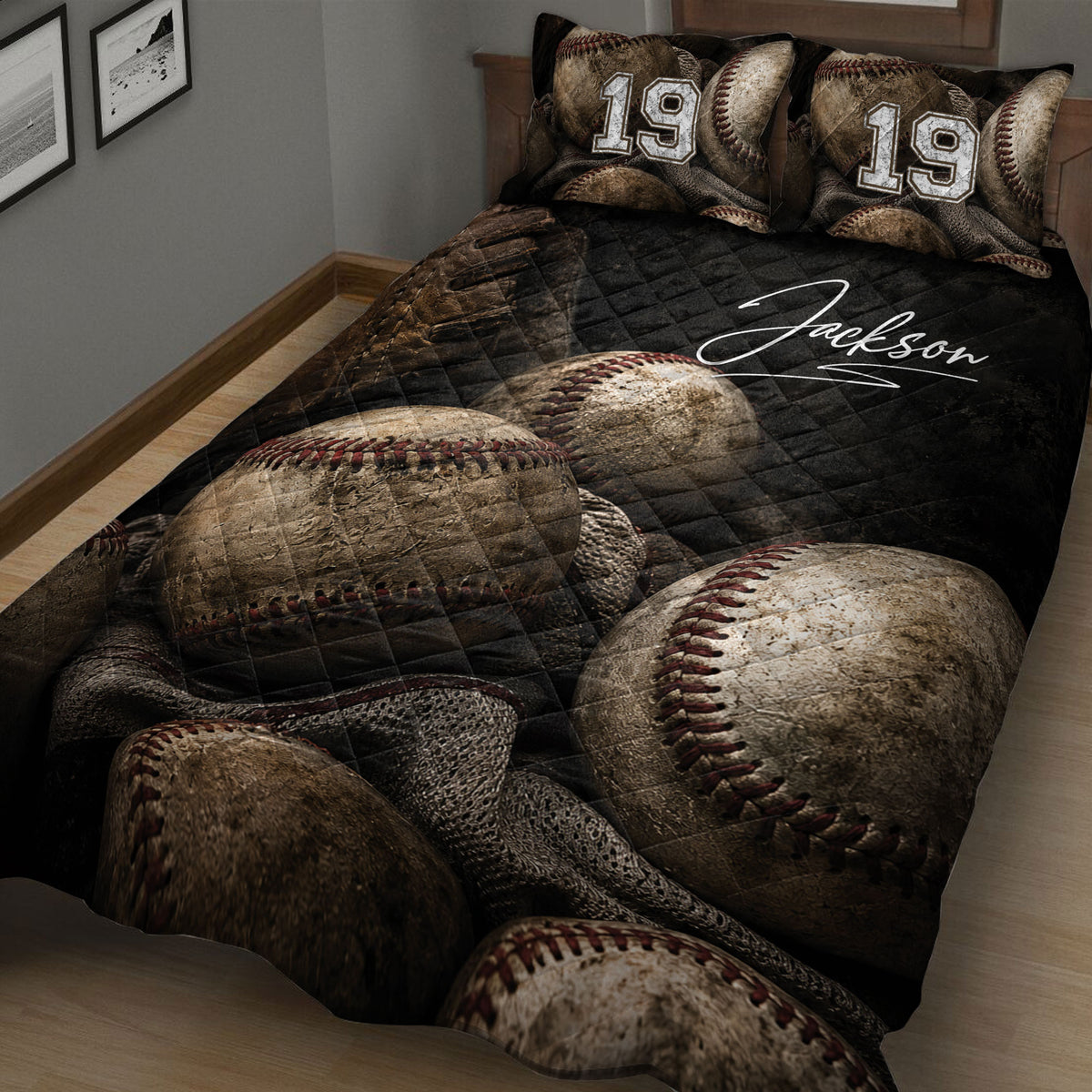 Close-up baseball quilt blanket featuring vintage baseballs, glove artwork, and a dark sports bedroom design