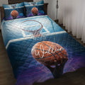 Basketball quilt blanket displayed on a bed with hoop, ball, and blue purple sports artwork
