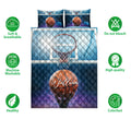 Basketball quilt bedding set shown with hoop and ball artwork alongside product feature icons
