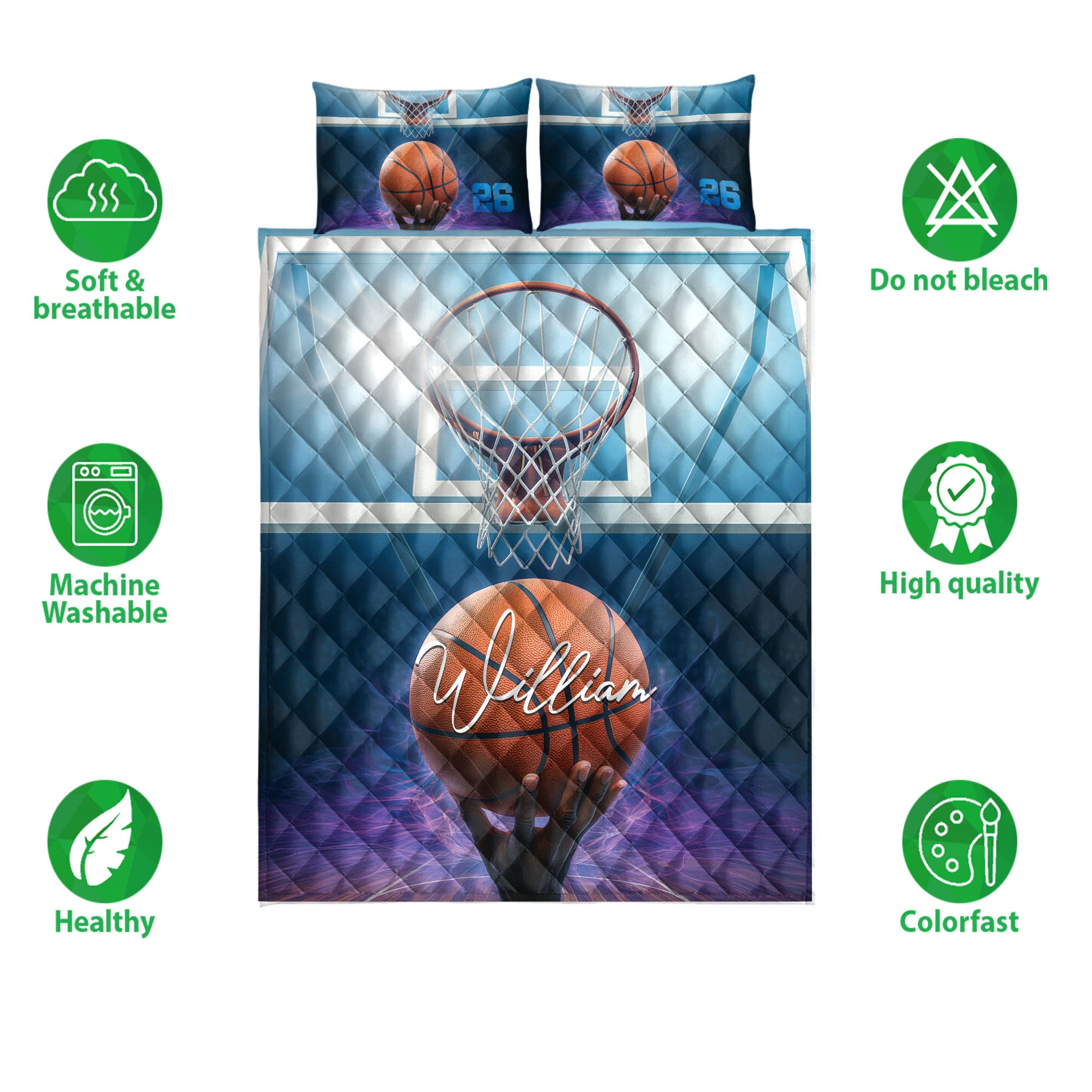 Basketball quilt bedding set shown with hoop and ball artwork alongside product feature icons