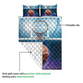 Basketball quilt shown with printed front artwork and white quilted backing detail