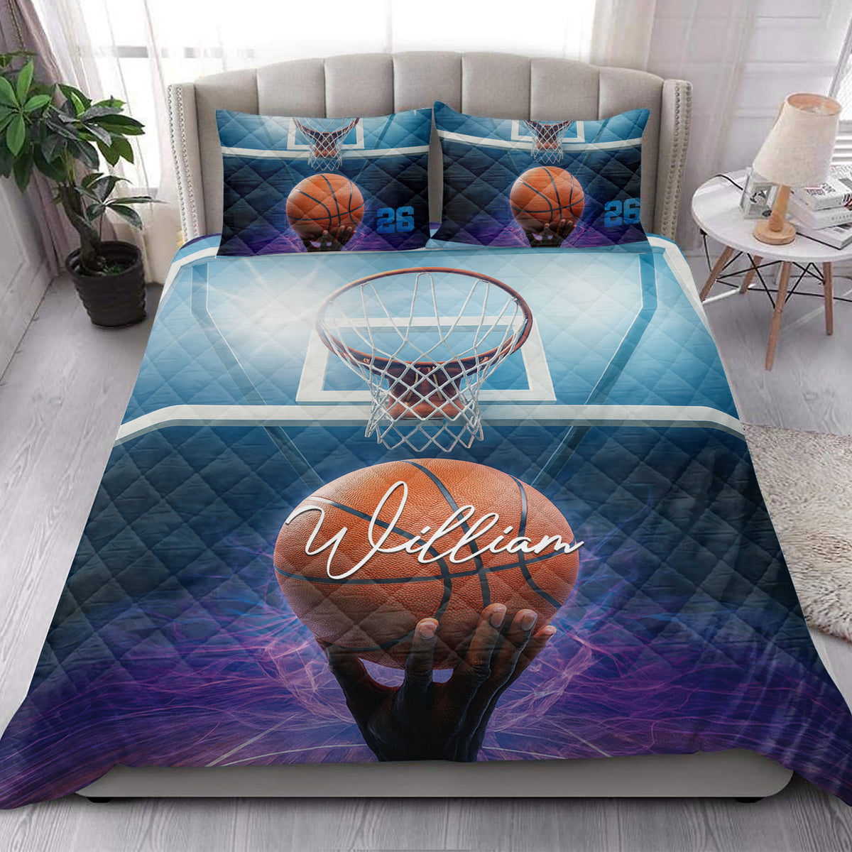 Basketball quilt blanket styled on a bedroom bed with hoop and ball sports artwork