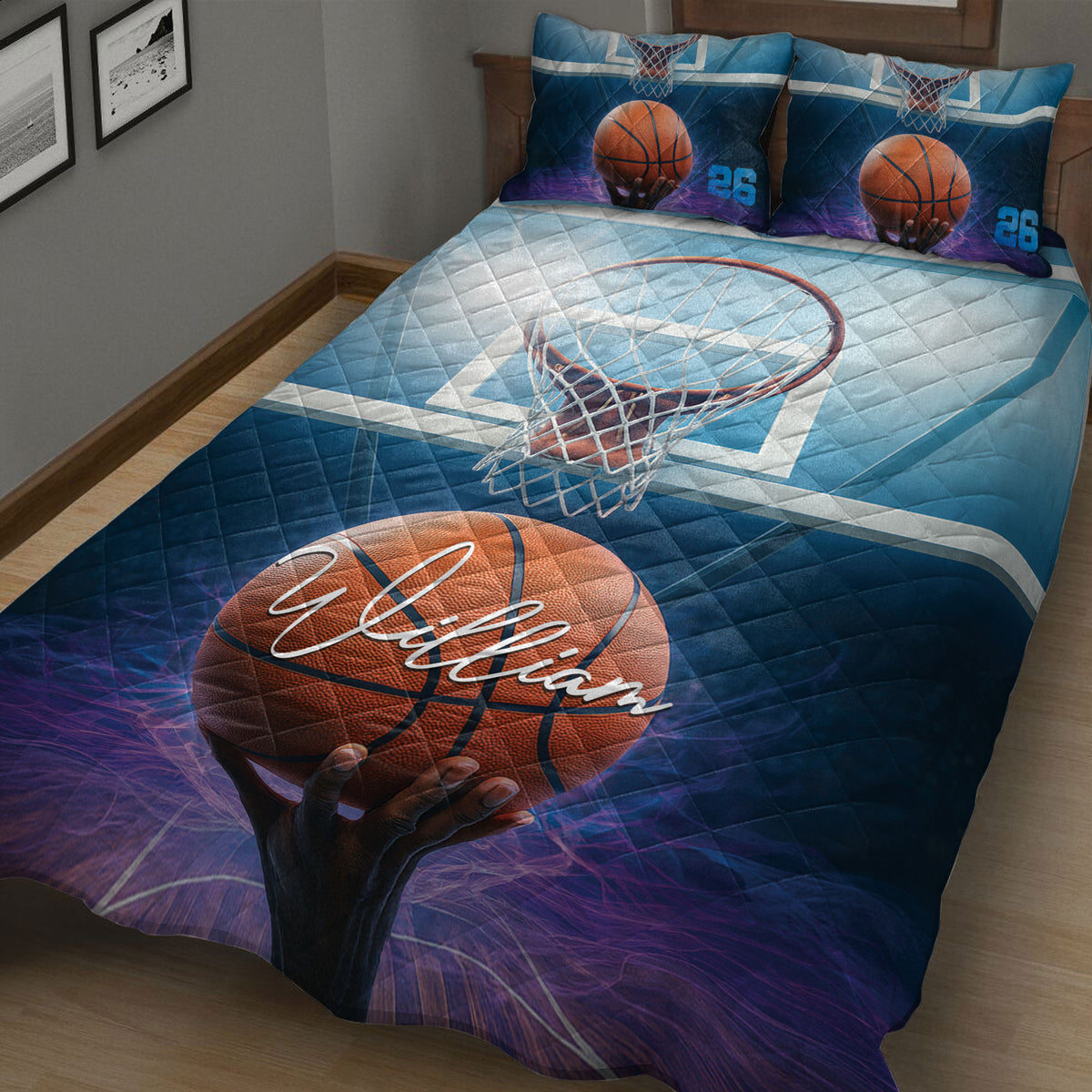 Close bedroom view of basketball quilt blanket featuring a hoop, basketball, and blue court design