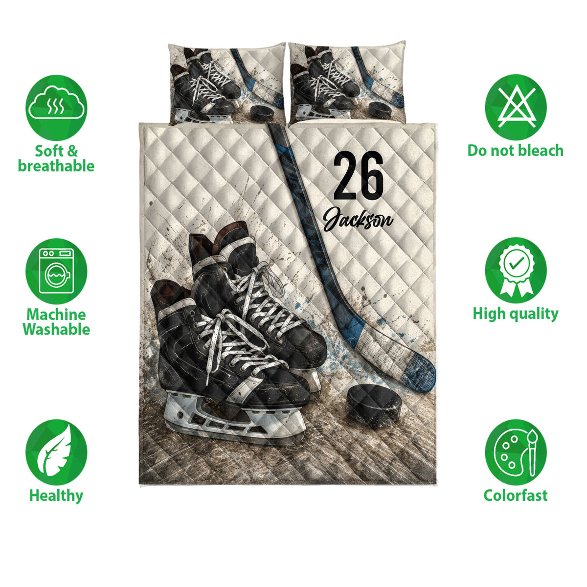 Hockey quilt bedding set showing skates, sticks, pucks, and a bold black, white, and blue design