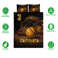 Softball quilt bedding set shown flat with glove and ball artwork in black, brown, and gold tones