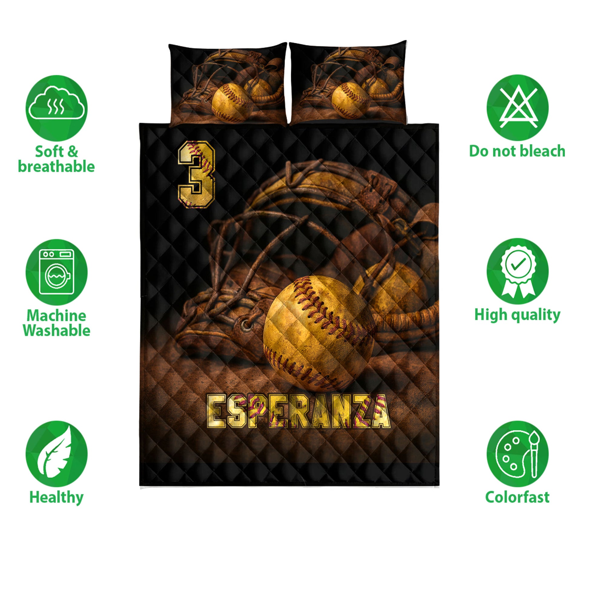 Softball quilt bedding set shown flat with glove and ball artwork in black, brown, and gold tones