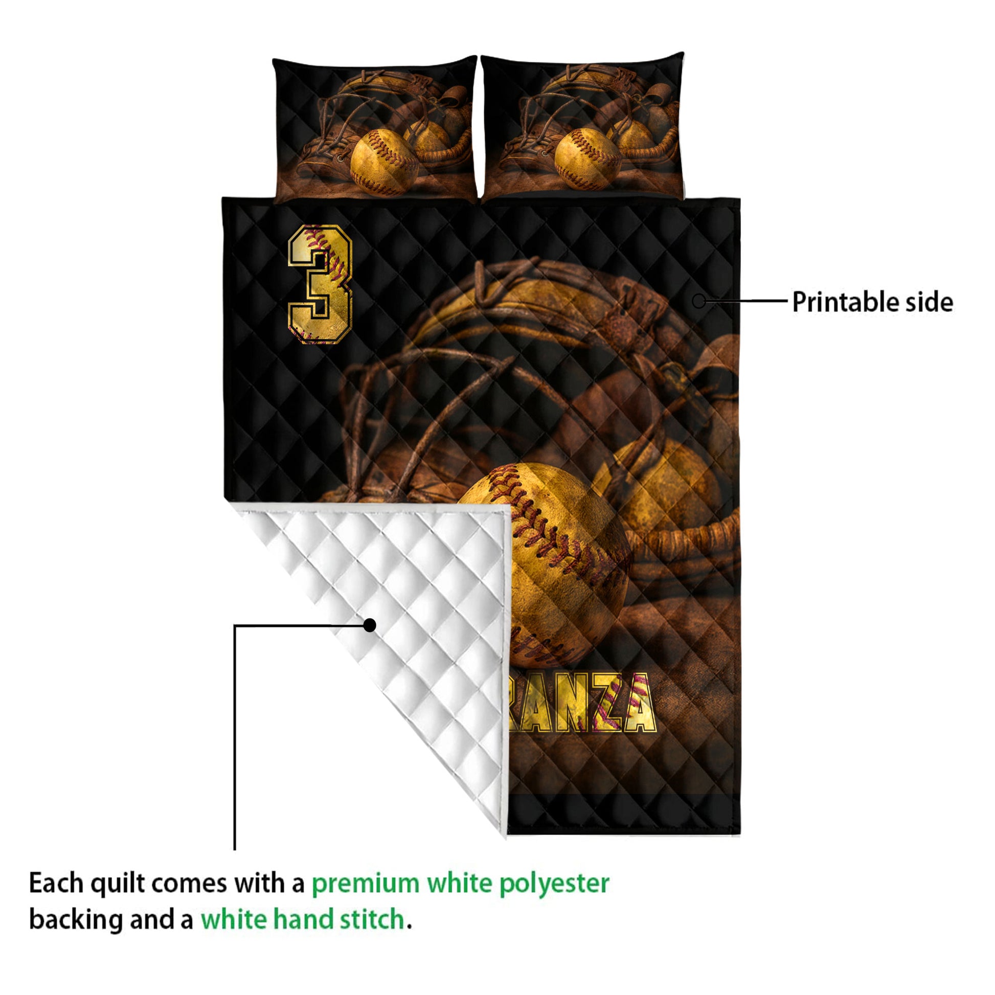 Softball quilt shown with a visible printed front and white quilted reverse for product detail