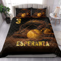 Softball quilt blanket styled in a bedroom with large softball artwork and dark athletic decor