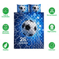 Soccer quilt bedding set presentation with blue ball artwork and illustrated care and quality icons