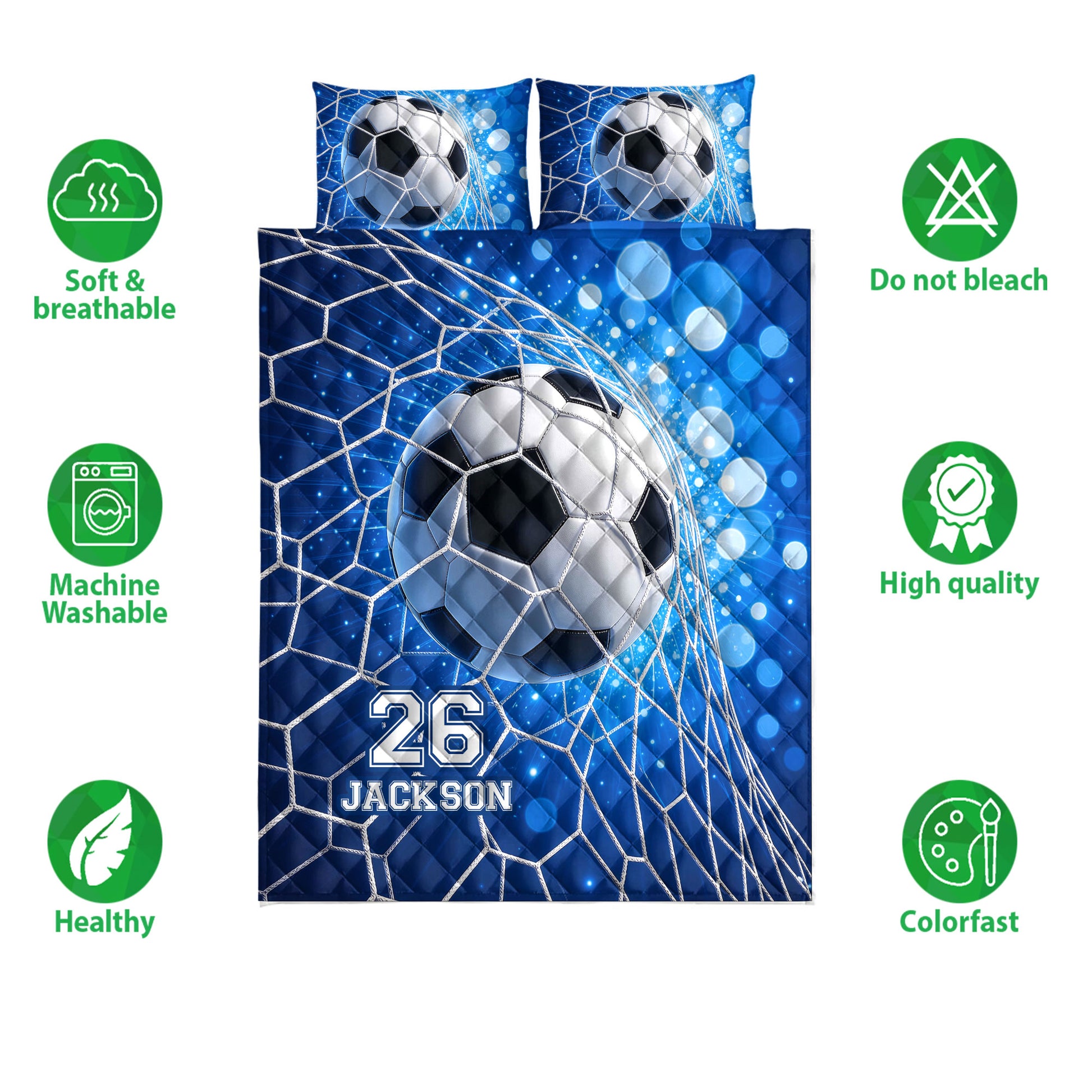 Soccer quilt bedding set presentation with blue ball artwork and illustrated care and quality icons