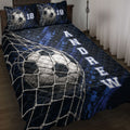 Soccer quilt blanket bedding set displayed on a bed with blue goal net and ball artwork
