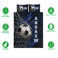 Soccer quilt bedding set shown with bold blue artwork and product care feature icons