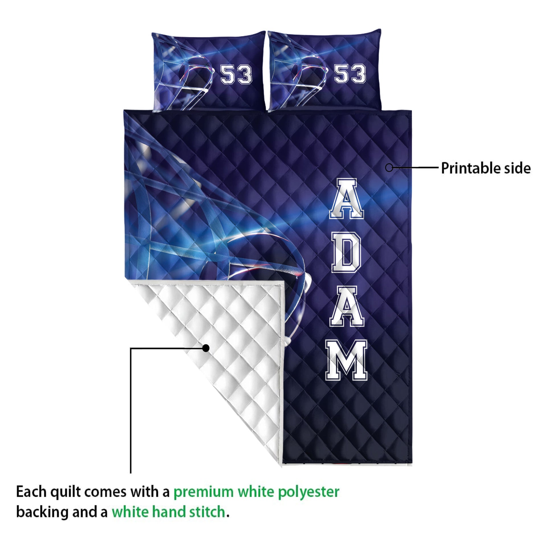 Hockey quilt blanket showing the printed blue side and white quilted backing in a product detail view
