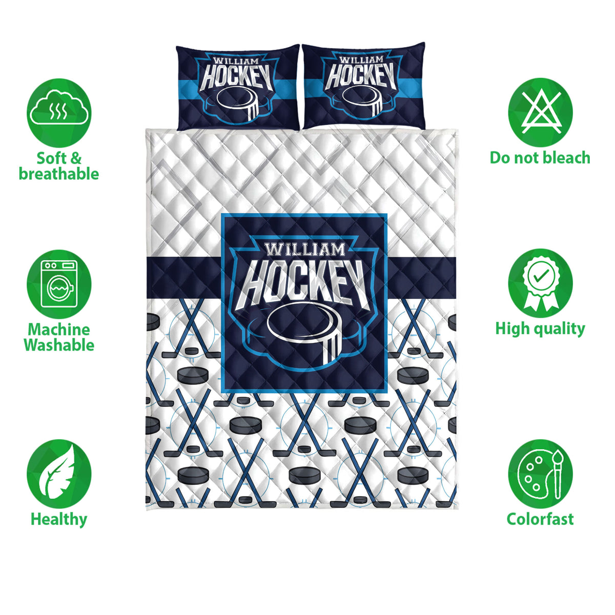 Hockey quilt bedding set shown flat with repeating stick and puck artwork in navy, cyan, white, and gray