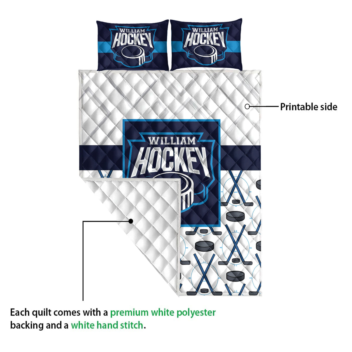 Hockey quilt blanket detail showing the printable front, white backing, stitched surface, and puck artwork