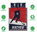 Hockey quilt bedding set shown flat with skating player artwork, bold red and navy colors, and feature icons