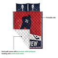 Hockey quilt blanket shown with its printed front, white quilted backing, and stitched construction details