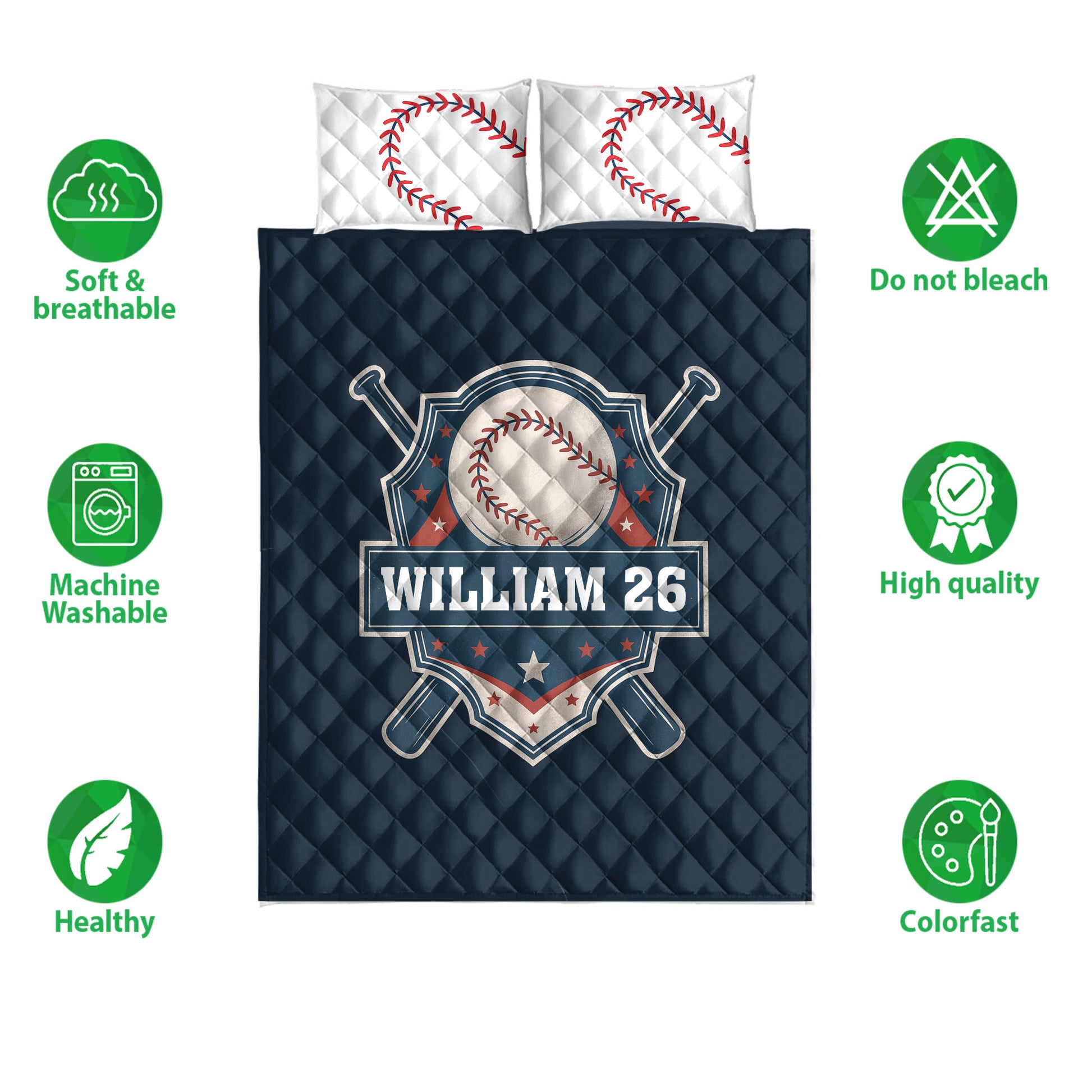 Baseball quilt bedding set shown flat with crossed bats, star accents, and feature icons around the design