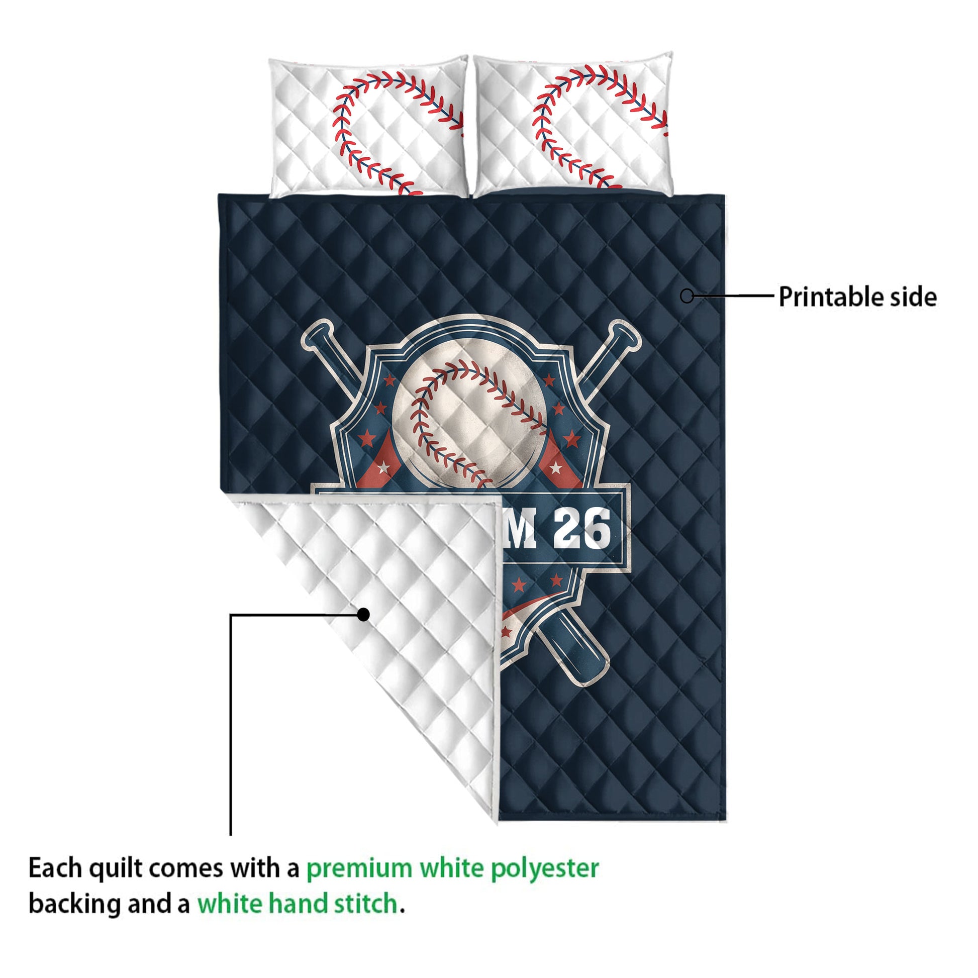 Baseball quilt showing the printed navy side, white quilted backing, and overall blanket construction