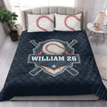 Baseball quilt blanket styled across a bedroom with baseball artwork and coordinating pillow designs