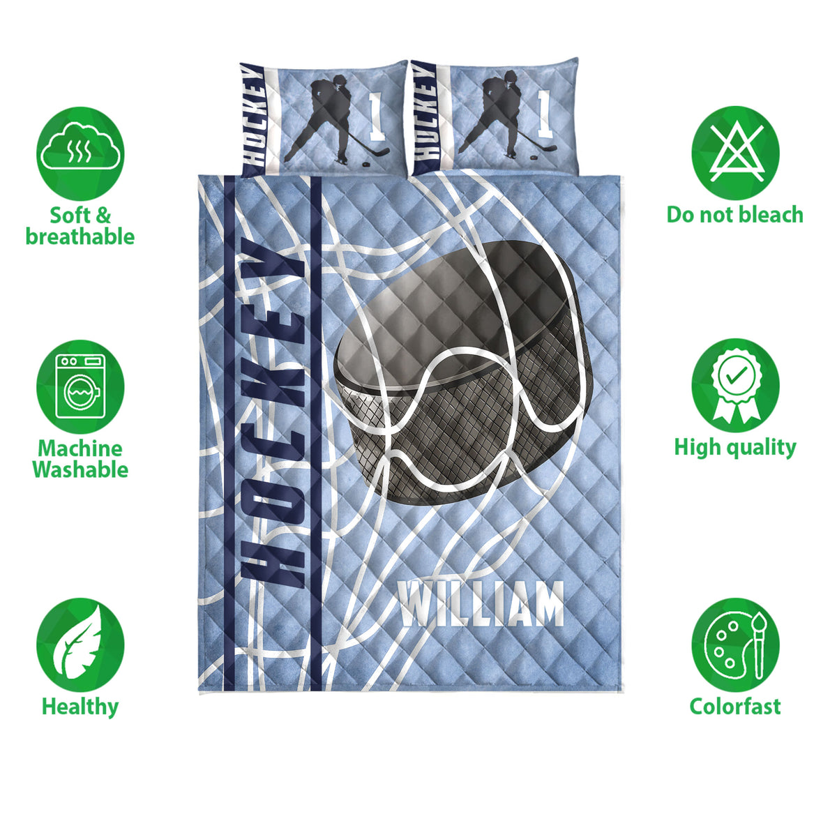 Hockey quilt bedding set displayed front-facing with blue sports artwork, hockey player silhouettes, and rink graphics