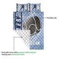 Hockey quilt blanket showing the printed front, white quilted backing, hockey artwork, and bedroom bedding design