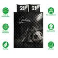 Soccer quilt bedding set shown with black-and-white field artwork and product feature icons