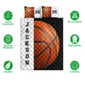 Basketball quilt bedding set shown with orange ball artwork and product feature icons