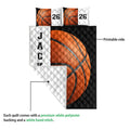 Basketball quilt showing the printable side and white quilted backing detail