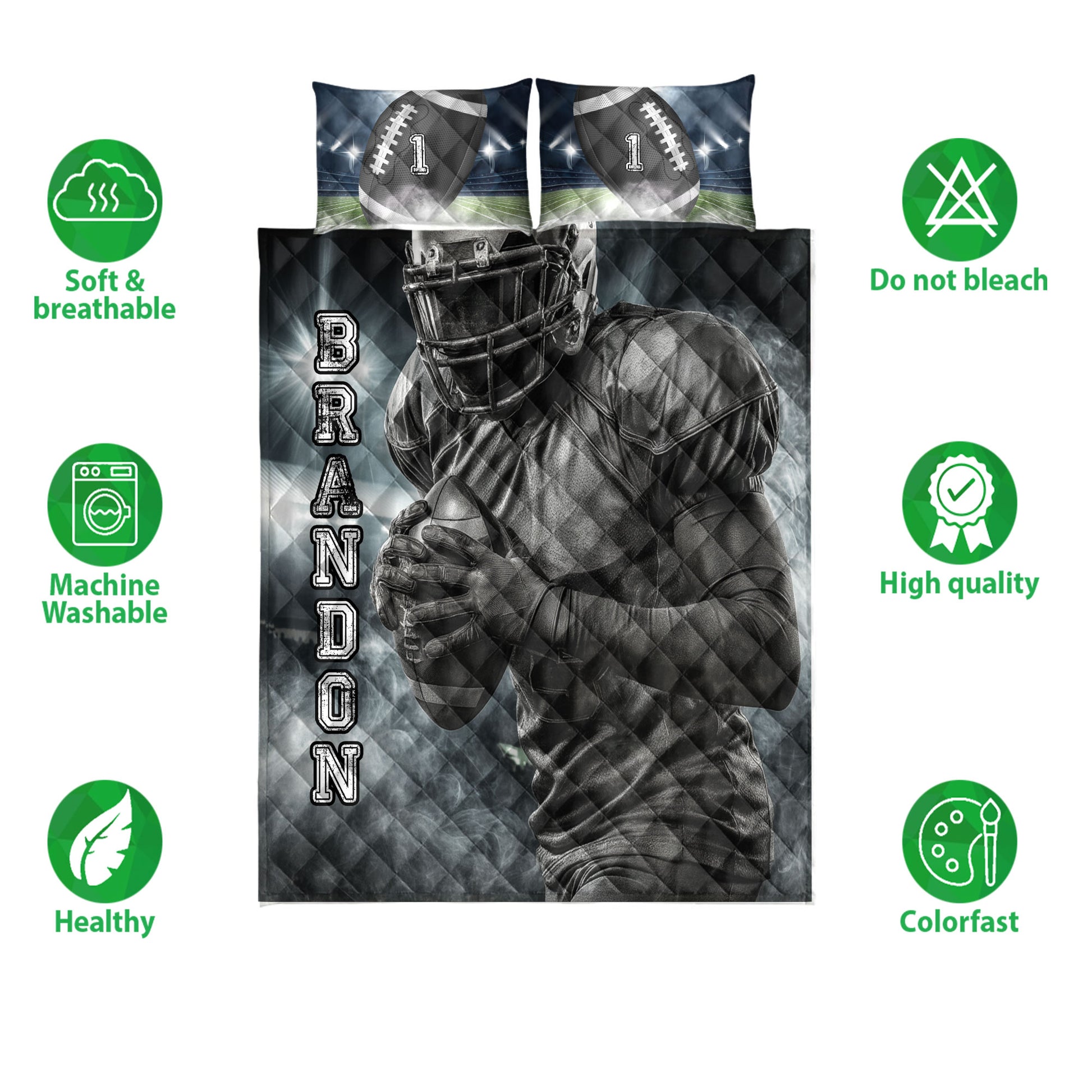 Football quilt bedding set with helmeted player artwork, stadium scene, and product feature icons