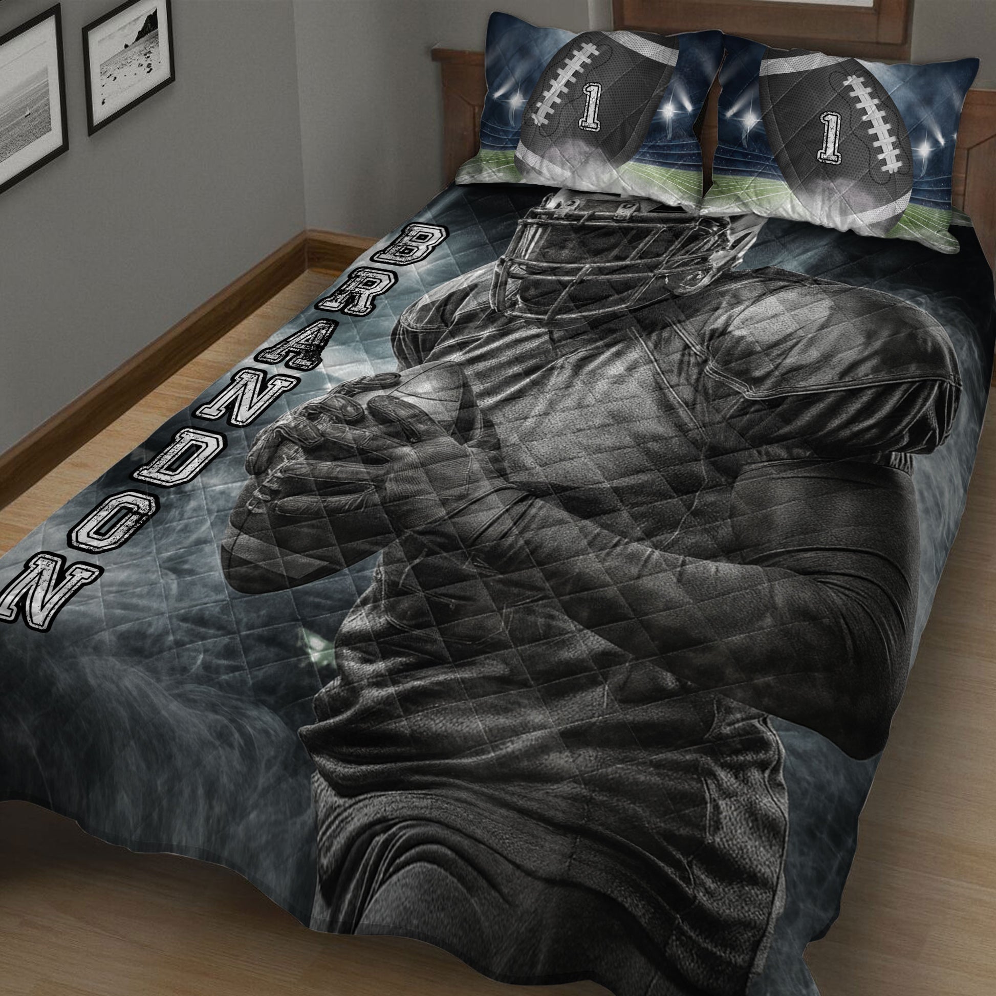 Close bedroom view of a football quilt blanket featuring a helmeted player holding a football