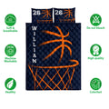 Basketball quilt bedding set with orange sports artwork and illustrated product feature callouts
