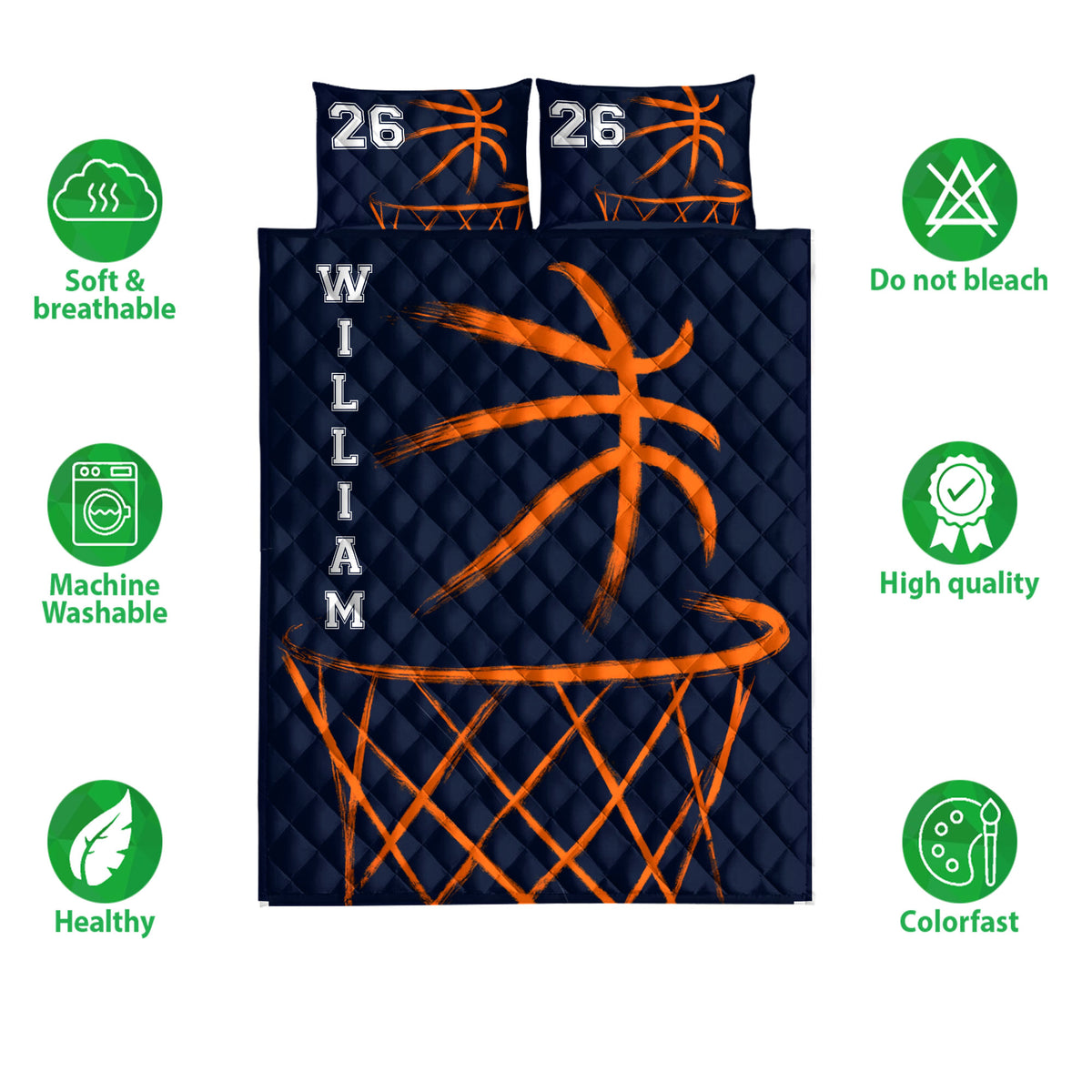 Basketball quilt bedding set with orange sports artwork and illustrated product feature callouts