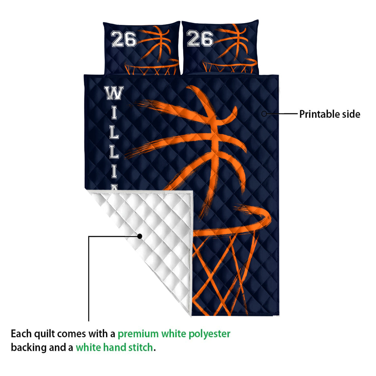 Basketball quilt blanket showing the printed front and white quilted backing in a detail view
