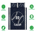 Navy baseball quilt bedding set shown with matching baseball pillow designs and product feature icons