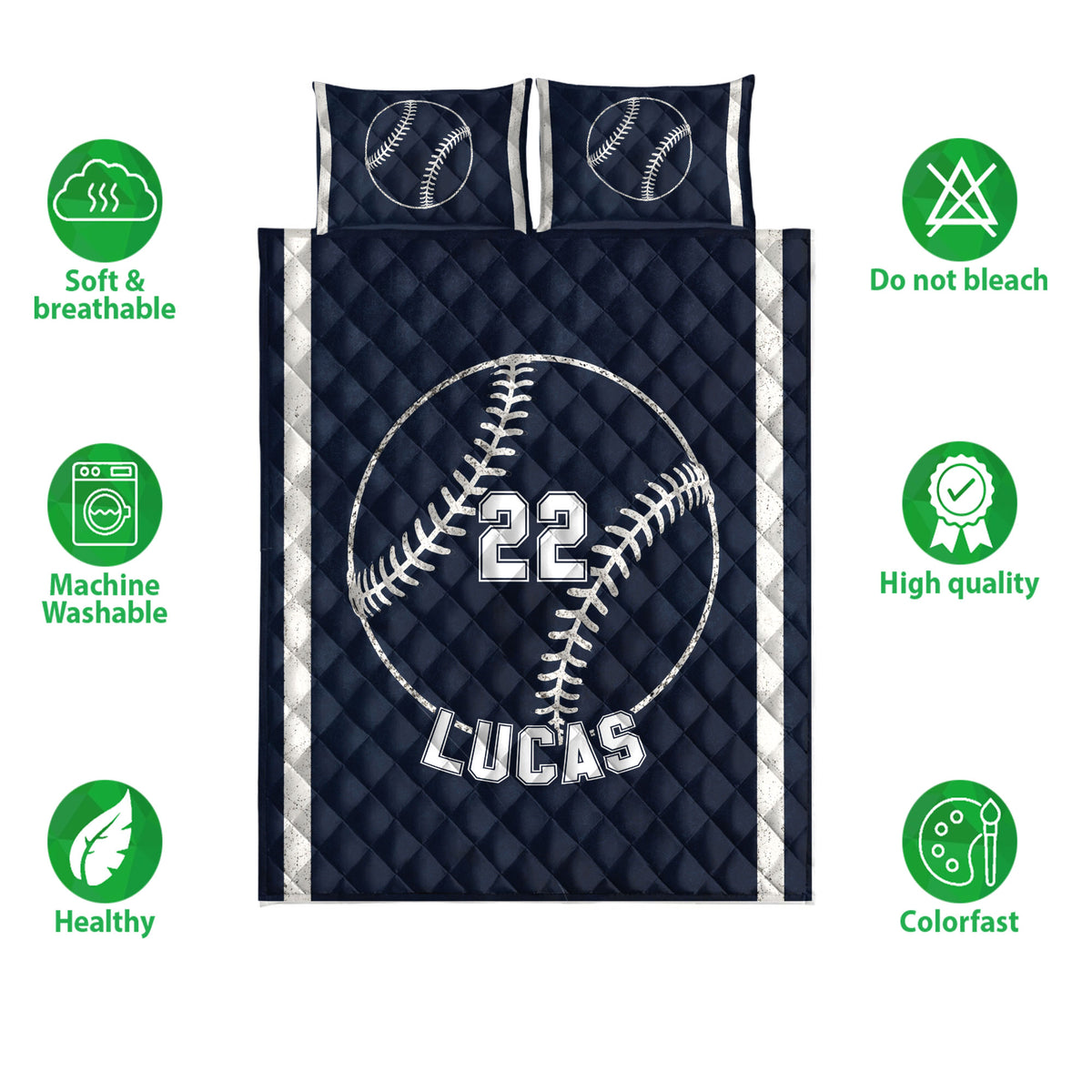Navy baseball quilt bedding set shown with matching baseball pillow designs and product feature icons
