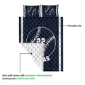 Baseball quilt showing the printed navy front, white reverse side, and quilted construction