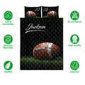 Football quilt bedding set shown with black quilted artwork, grass field details, and product feature icons