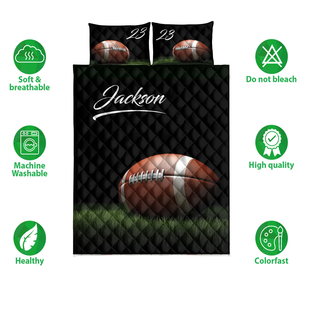 Football quilt bedding set shown with black quilted artwork, grass field details, and product feature icons