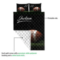 Football quilt showing the printed front and white quilted backing with a close view of the construction
