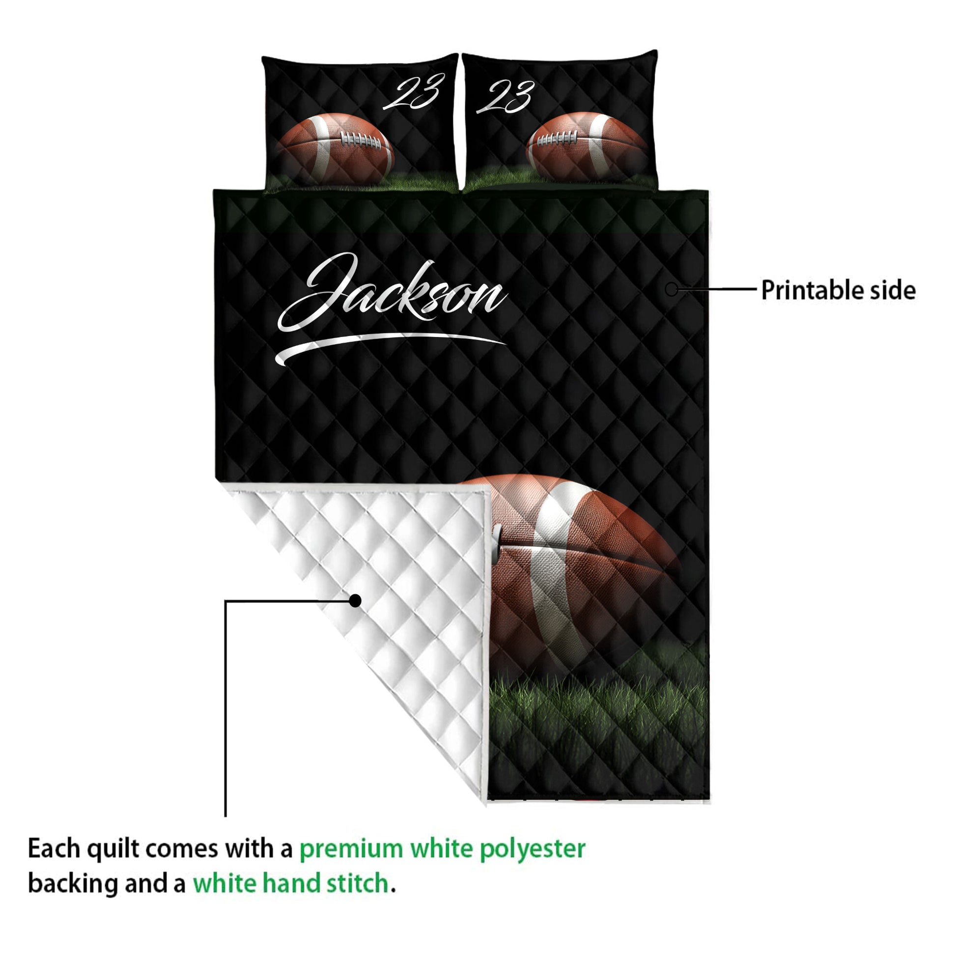 Football quilt showing the printed front and white quilted backing with a close view of the construction