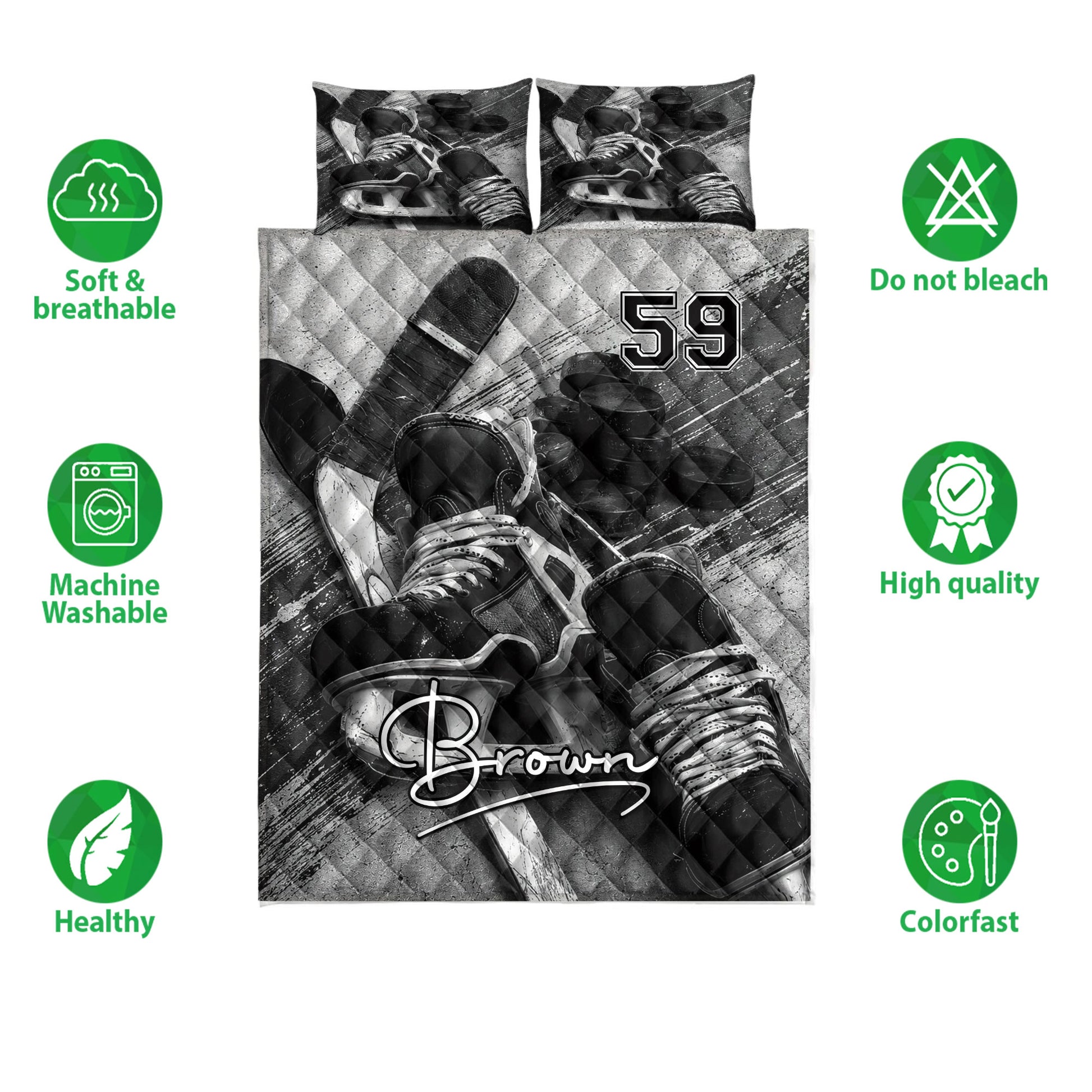 Hockey quilt bedding set shown flat with skate and puck artwork in a monochrome sports design